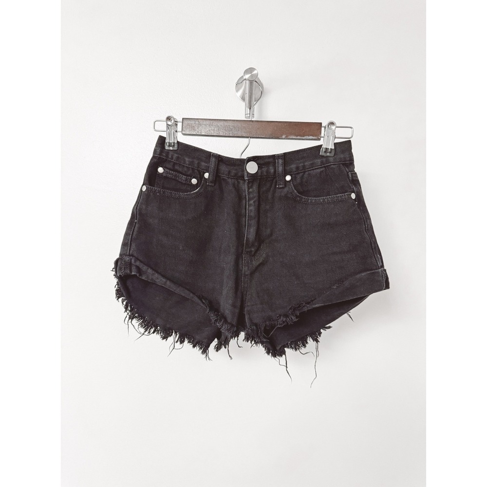 Princess Polly Black Denim High Waisted Frayed Raw Hem Cut Off Shorts Size‎ US 4